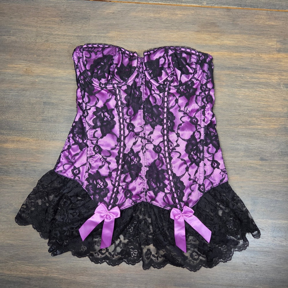 Frederick's of Hollywood Womens 34 Corset Bustier Y2K Black Purple Lace Garters